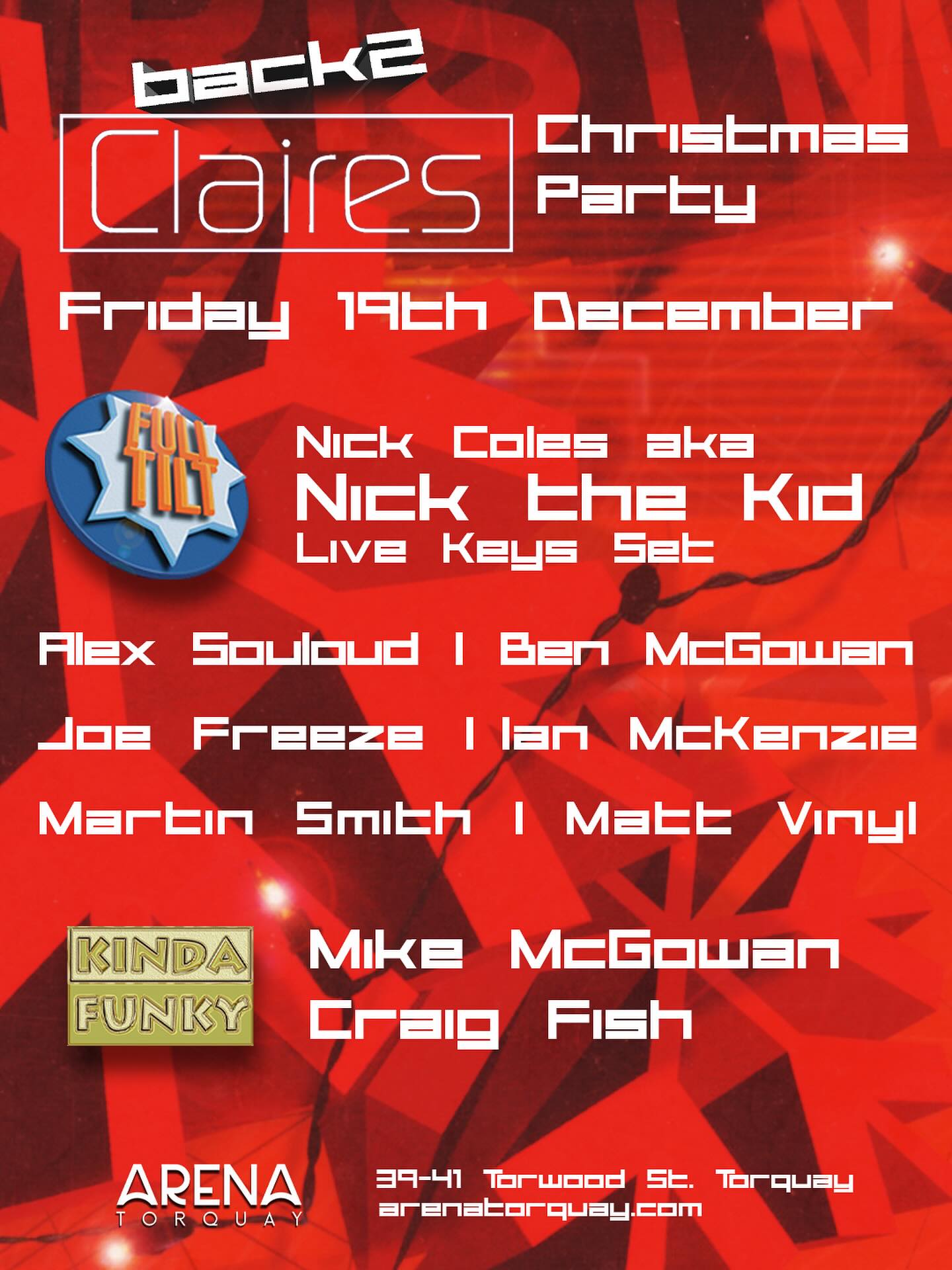 One month until we’re back at @arenatorquay for the back2Claires Full Tilt & Kinda Funky Christmas Party! Last time was awesome and this will be another epic party across two rooms.