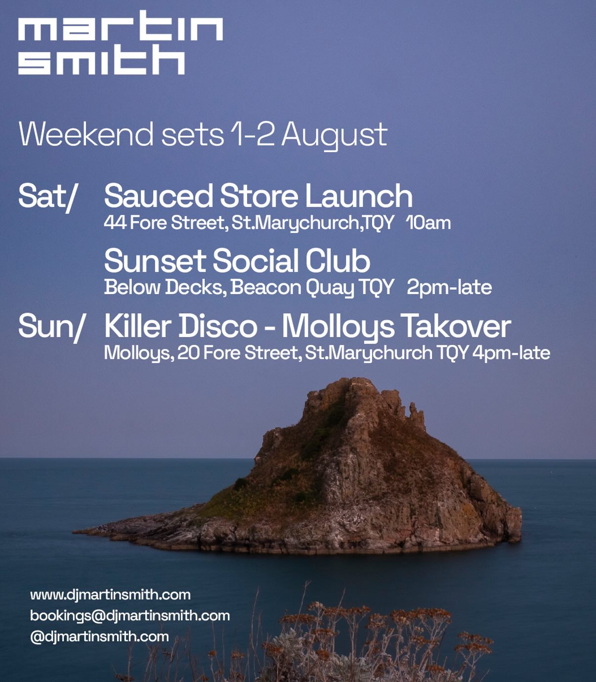This weekend’s manoeuvres are looking good with the opening of @sauced.devon on Saturday morning from 10am. Later in the afternoon I’ll be joining @sunsetsocialclub_uk at @belowdeckstq1 as we party til sunset (and a little later). 
Sunday I’ll be joining @djjoefreeze and guests at @molloystqy for some Killer Disco in the garden from 4pm.